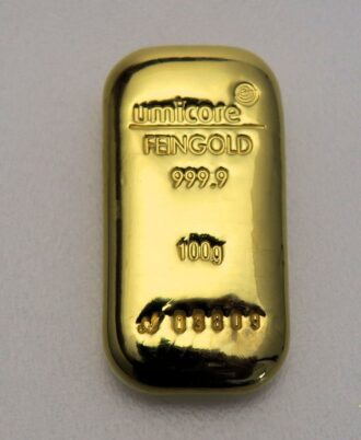 100g UMICORE gold bar, cast